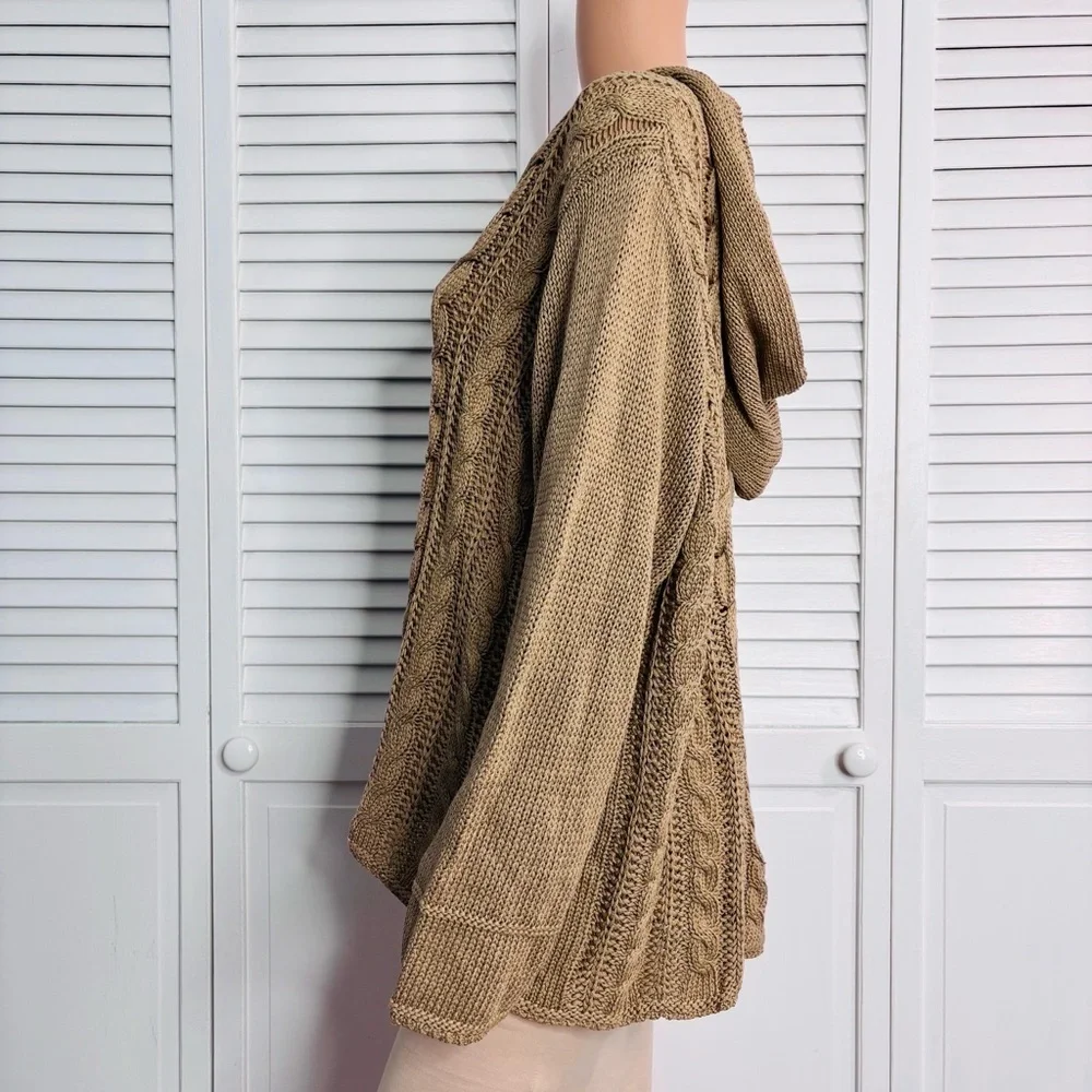 TALBOTS Brown Mercerized Cotton Hooded Cable Knit Sweater Size 3X